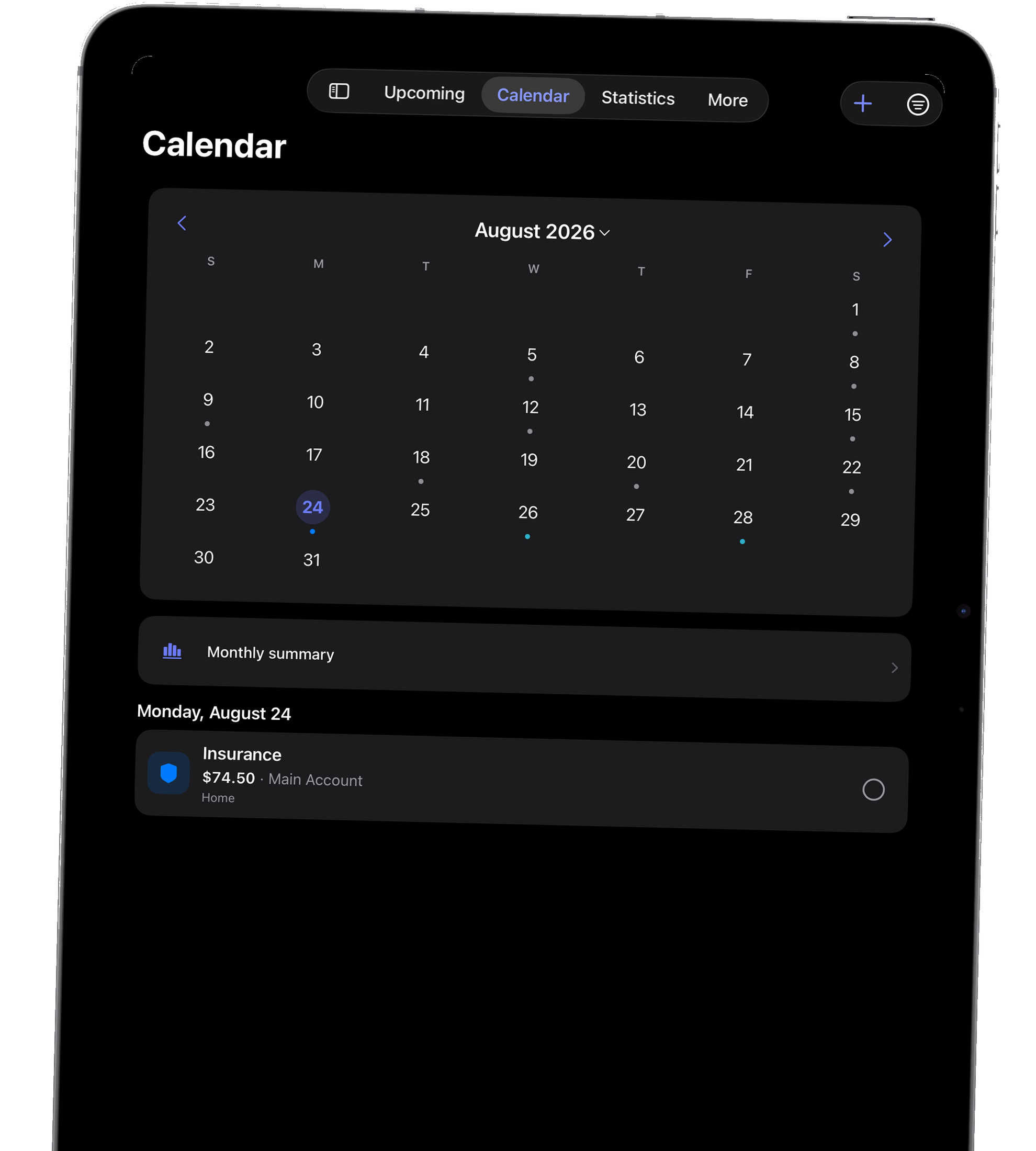 Paylendar monthly calendar on iPad
