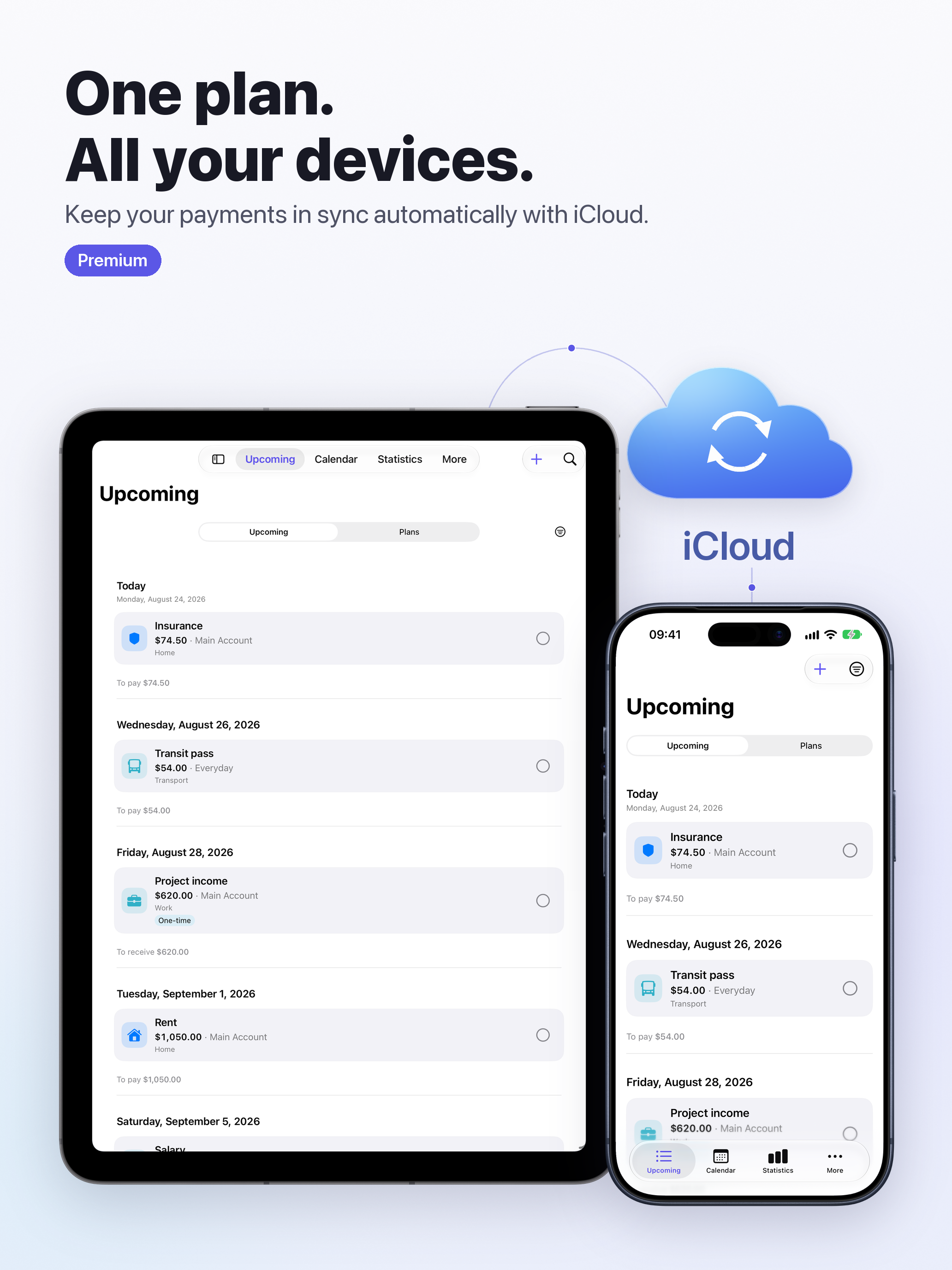 Paylendar iCloud illustration showing the same payment plan on iPhone and iPad