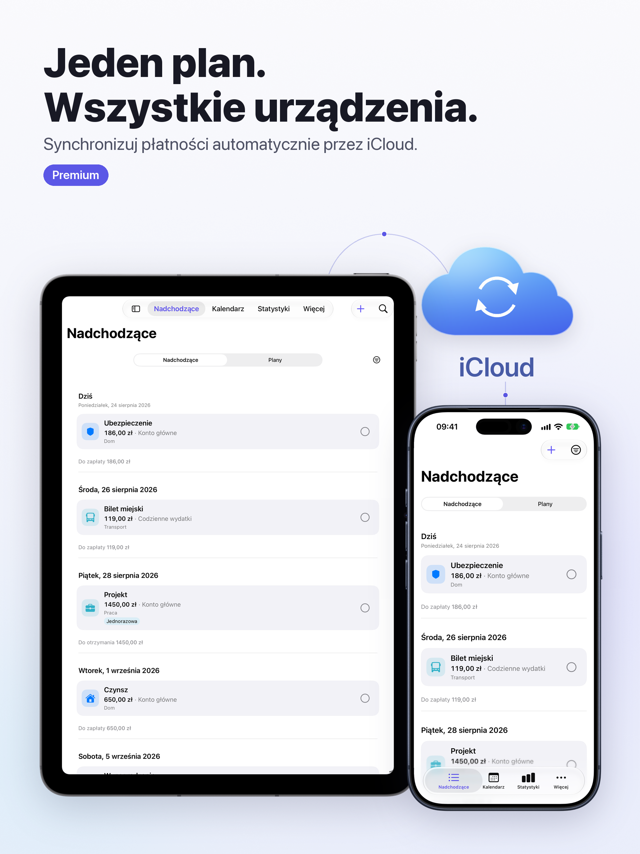 Grafika synchronizacji iCloud w Paylendar z tym samym planem płatności na iPhonie i iPadzie
