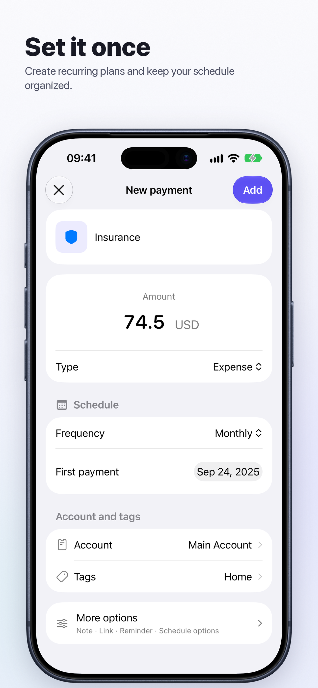 Paylendar payment editor on iPhone, with amount, schedule, account and tags
