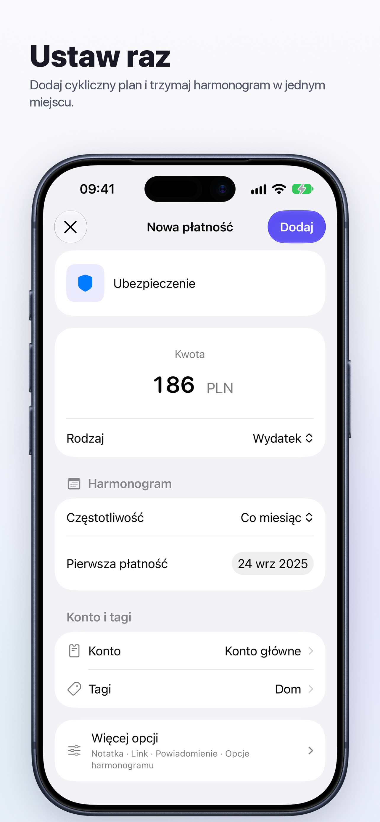 Edytor płatności Paylendar na iPhonie z kwotą, harmonogramem, kontem i tagami