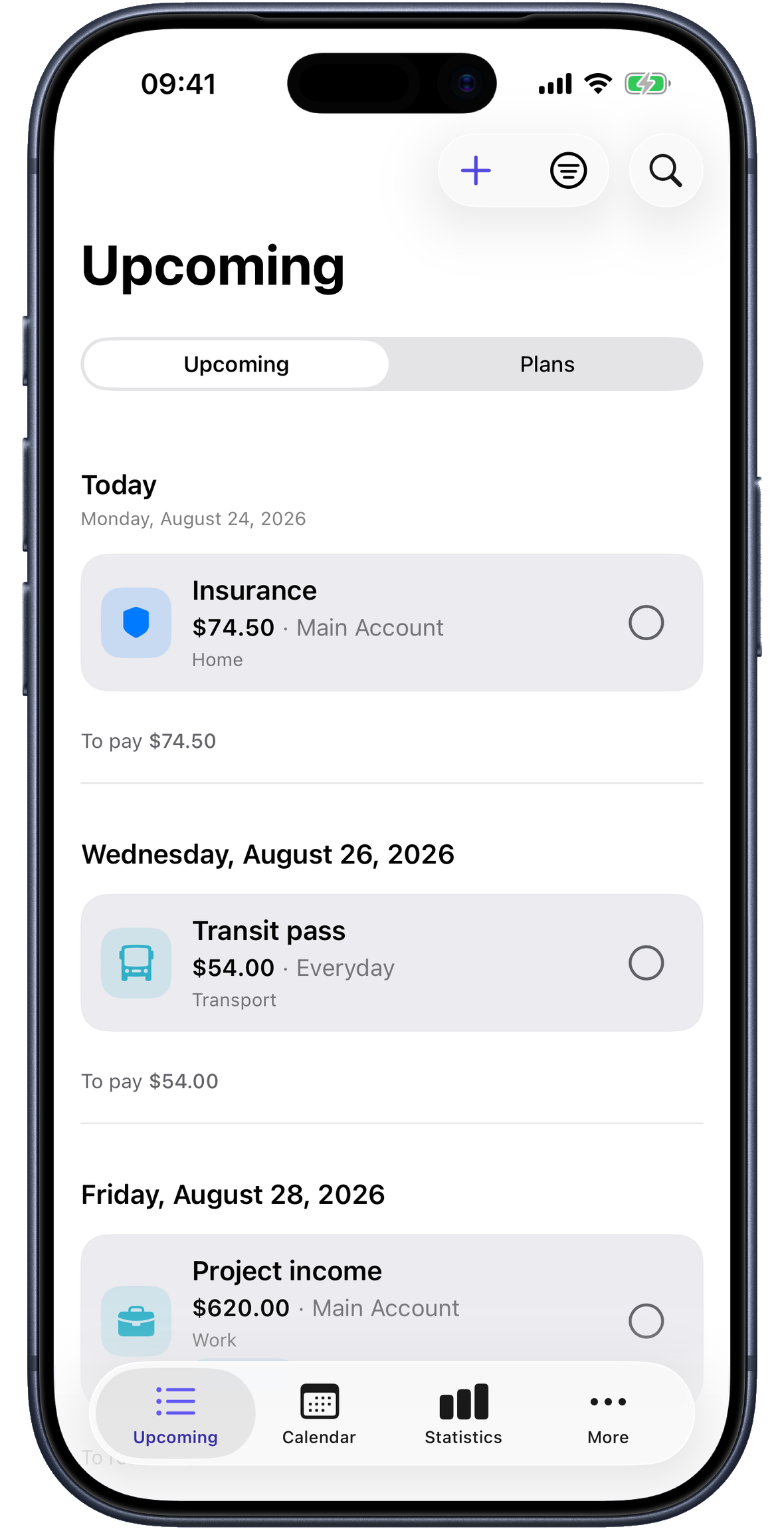 Upcoming payment in Paylendar on iPhone